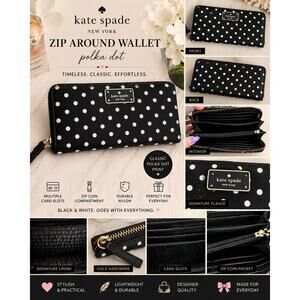Kate Spade Black White Polka Dot Zip Around Continental Wallet